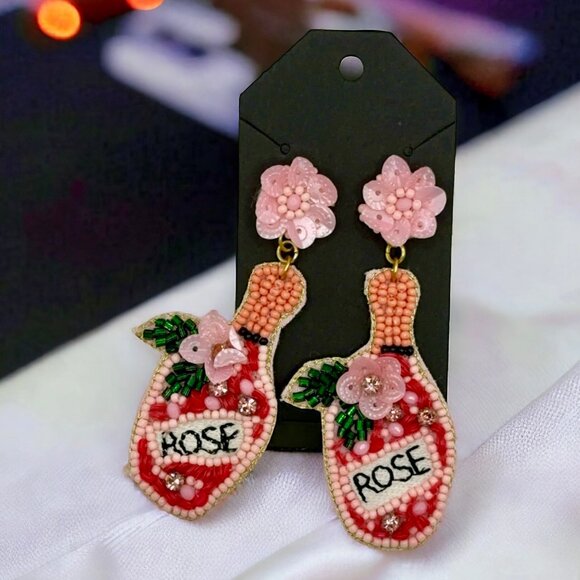 Boho Grow STudio Jewelry - Rose Wine Bottle Pink Floral Seed Beaded Earrings NEW
